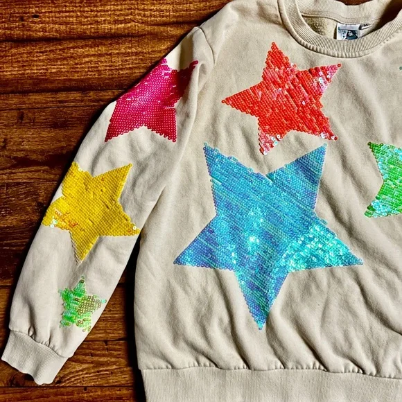 Queen Of Sparkle ~ Medium ~ White W/ Multi-Colors Star Sequins Sweater (Read) - Picture 5 of 12